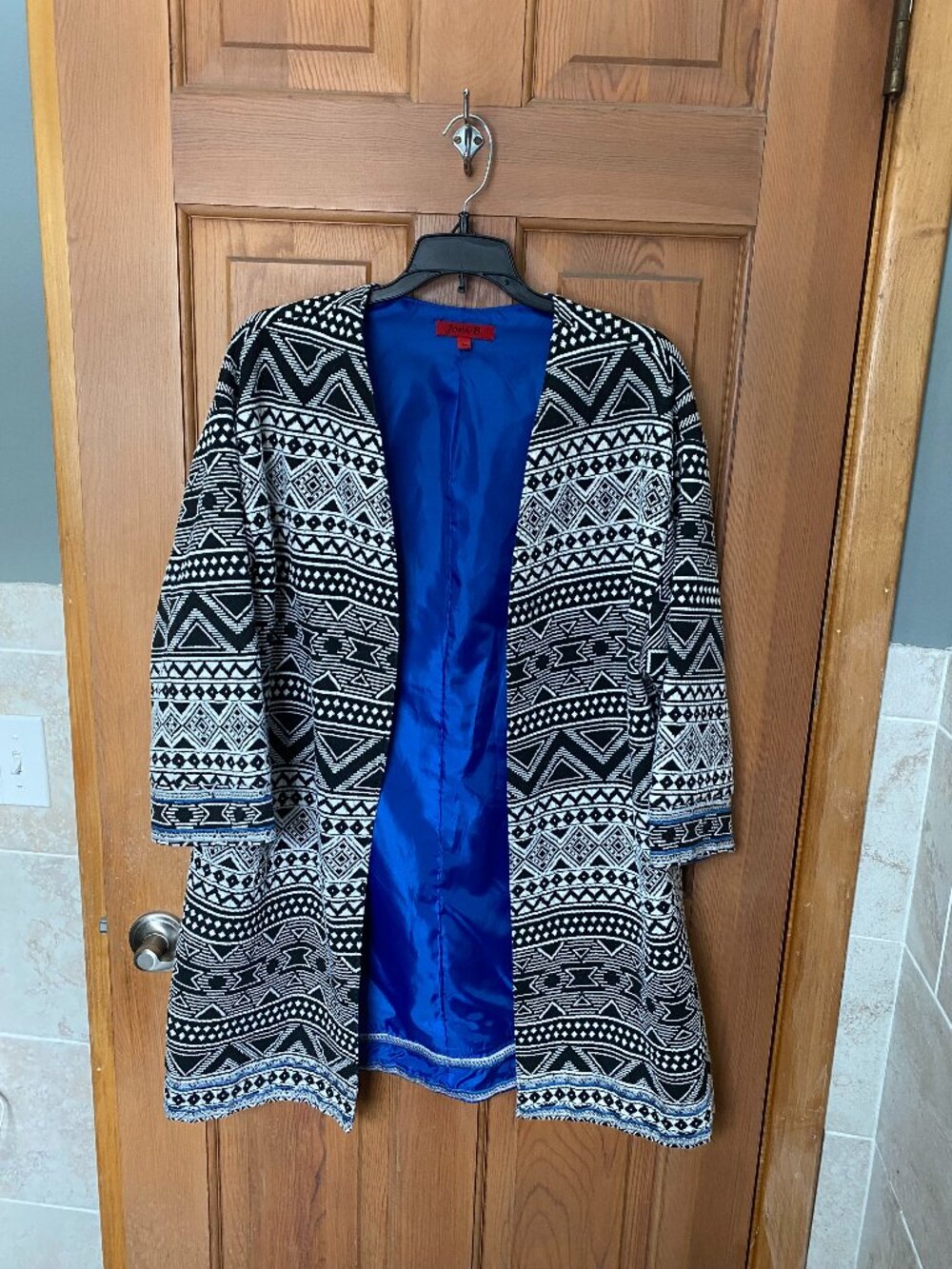 VTG Joni B. Navy Blue Geometric Open Front Lightweight 3/4 Sleeve Jacket XL